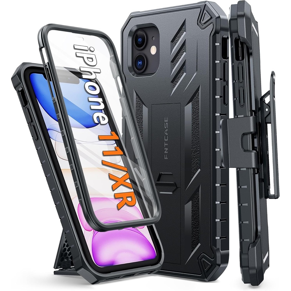 image:imageFNTCASE for iPhone 11 Phone Case for iPhone XR Case Builtin Screen Protector amp Kickstand Military Grade Drop Protection Heavy Duty Full Protective Shockproof TPU Rugged Phone Cover BlackTBlack