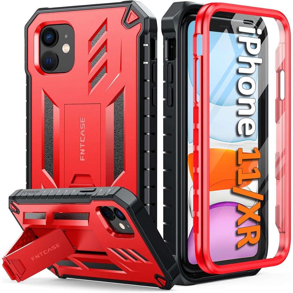 image:imageFNTCASE for iPhone 11 Phone Case for iPhone XR Case Builtin Screen Protector amp Kickstand Military Grade Drop Protection Heavy Duty Full Protective Shockproof TPU Rugged Phone Cover BlackRed