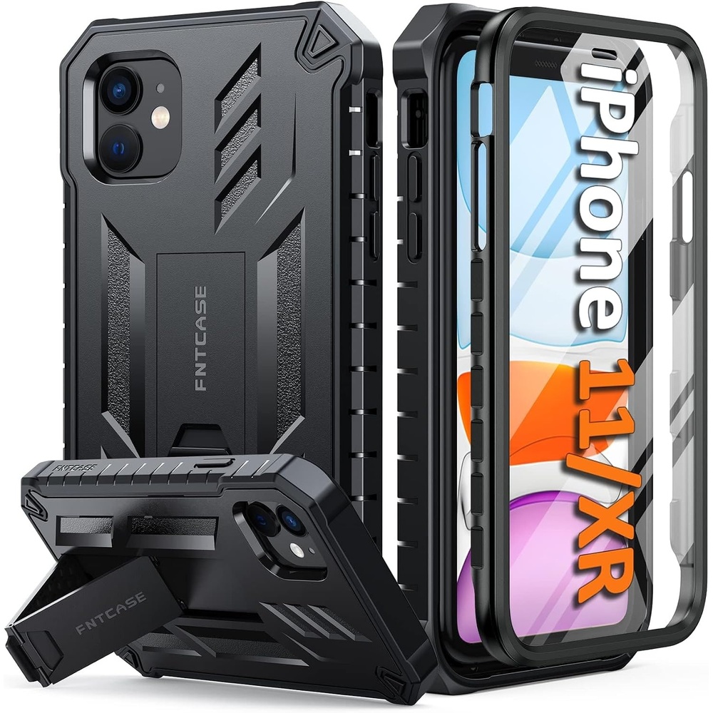 image:imageFNTCASE for iPhone 11 Phone Case for iPhone XR Case Builtin Screen Protector amp Kickstand Military Grade Drop Protection Heavy Duty Full Protective Shockproof TPU Rugged Phone Cover BlackBlack
