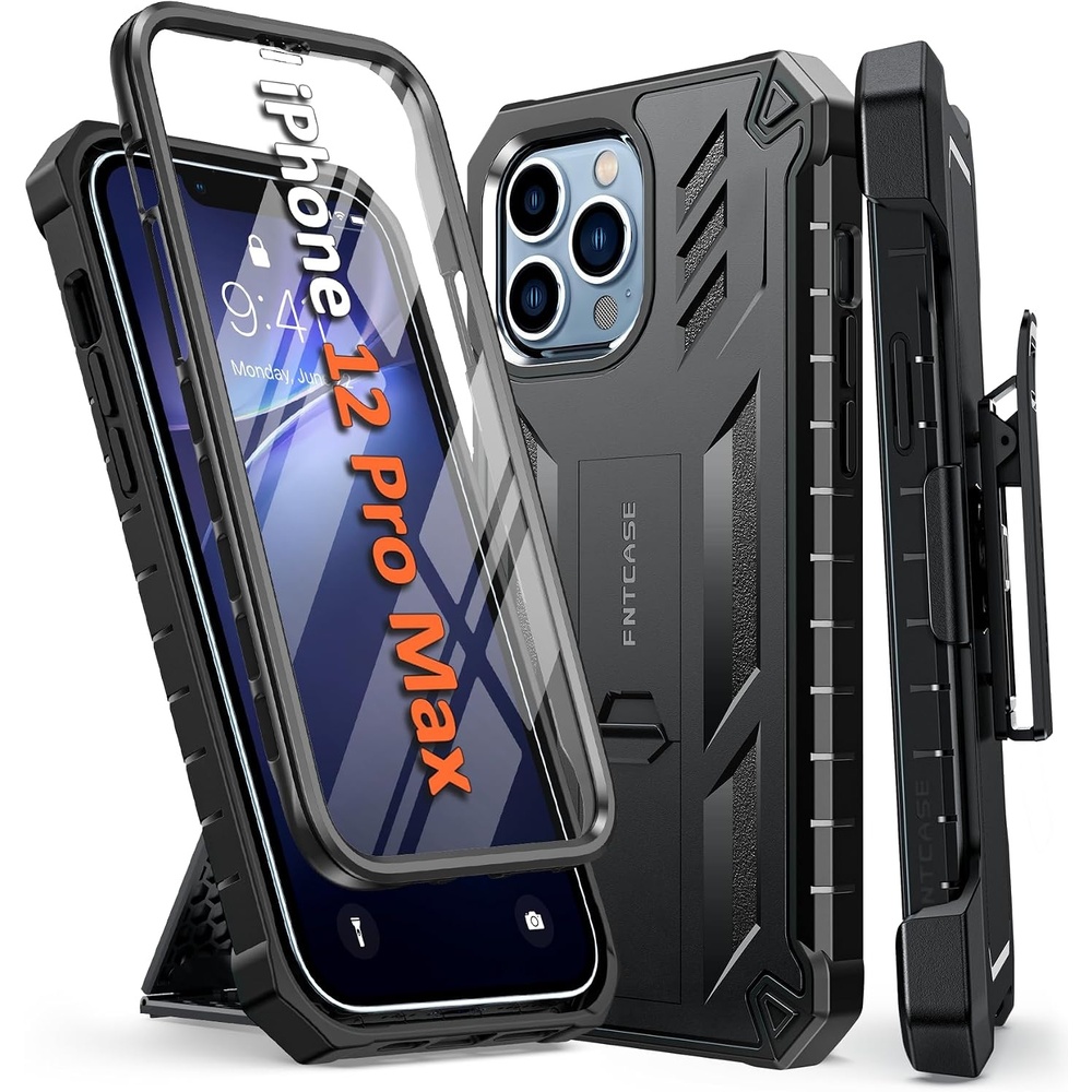 image:imageFNTCASE for iPhone 12 Pro Max Case Builtin Screen Protector amp Kickstand Military Grade Drop Protection Heavy Duty Full Protective Matte Textured Shockproof TPU Rugged Phone Cover BlackTBlack