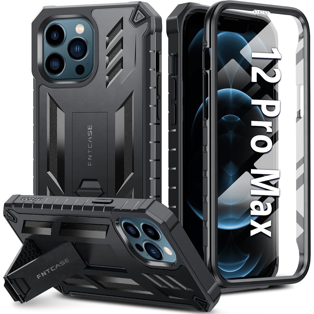 image:imageFNTCASE for iPhone 12 Pro Max Case Builtin Screen Protector amp Kickstand Military Grade Drop Protection Heavy Duty Full Protective Matte Textured Shockproof TPU Rugged Phone Cover BlackBlack