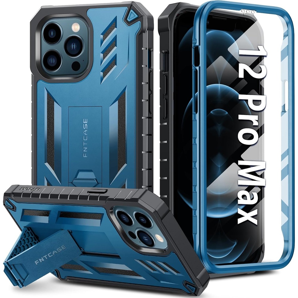 image:imageFNTCASE for iPhone 12 Pro Max Case Builtin Screen Protector amp Kickstand Military Grade Drop Protection Heavy Duty Full Protective Matte Textured Shockproof TPU Rugged Phone Cover BlackBlue