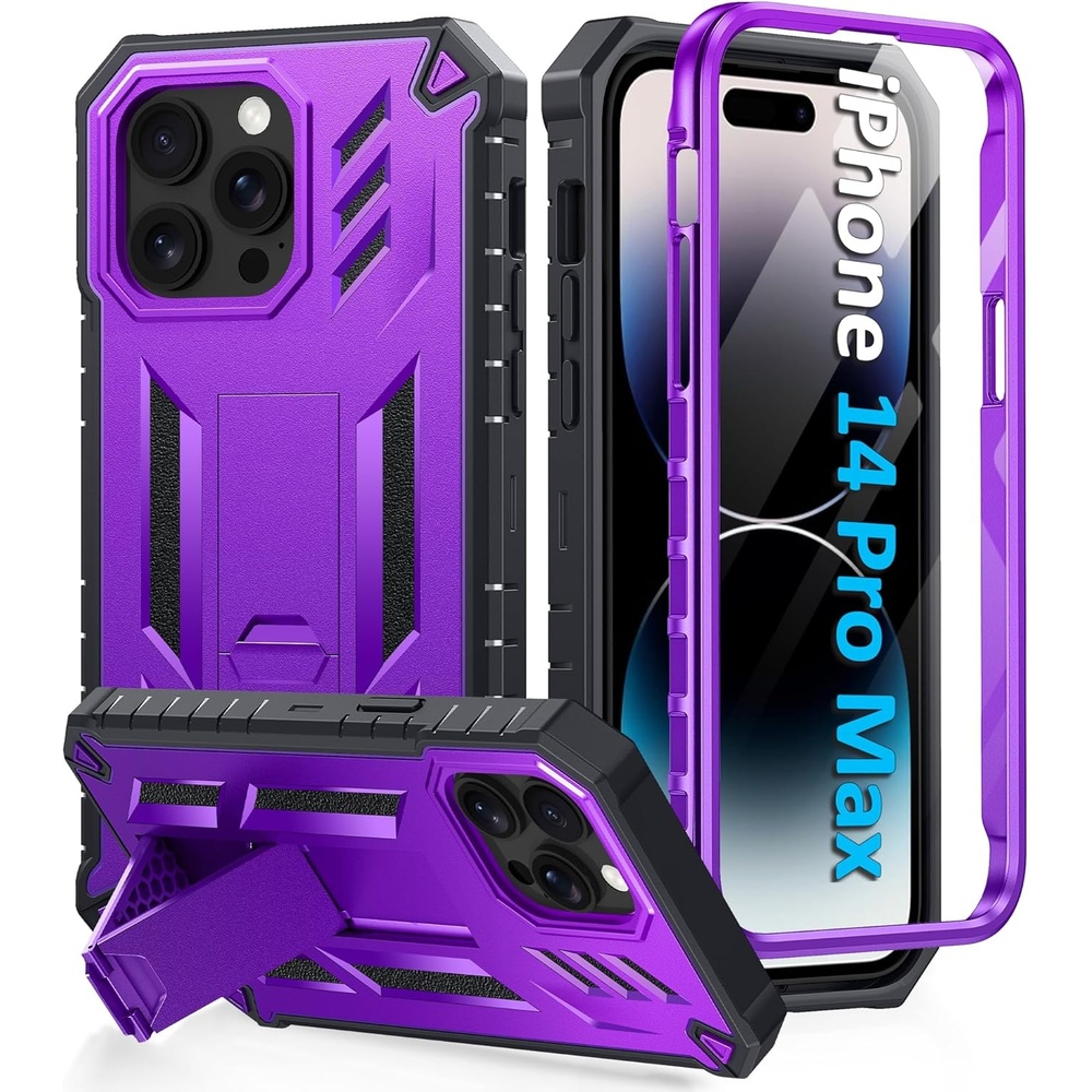 image:imageFNTCASE for iPhone 14 Pro Max Case Military Grade Rugged Cell Phone Cover with Kickstand Shockproof TPU Protection Bumper Matte Textured Design for iPhone 14 Pro Max Cases 67 inchKickstand Purple