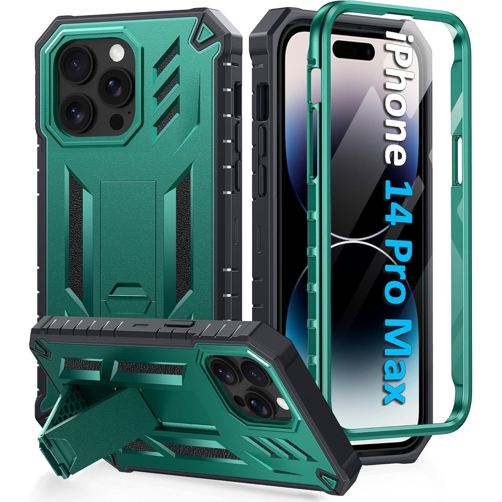 image:imageFNTCASE for iPhone 14 Pro Max Case Military Grade Rugged Cell Phone Cover with Kickstand Shockproof TPU Protection Bumper Matte Textured Design for iPhone 14 Pro Max Cases 67 inchKickstand Green