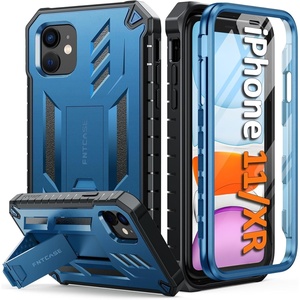 FNTCASE for iPhone 11 Phone Case: for iPhone XR Case [Built-in Screen Protector & Kickstand] [Military Grade Drop Protection] Heavy Duty Full Protective Shockproof TPU Rugged Phone Cover – Black(Blue)