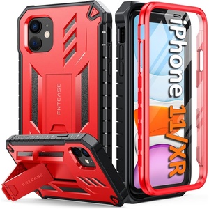 FNTCASE for iPhone 11 Phone Case: for iPhone XR Case [Built-in Screen Protector & Kickstand] [Military Grade Drop Protection] Heavy Duty Full Protective Shockproof TPU Rugged Phone Cover – Black(Red)
