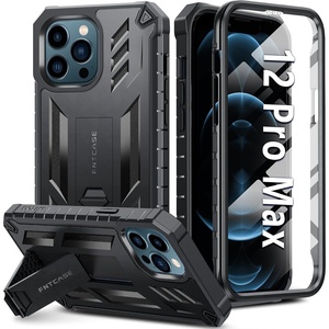 FNTCASE for iPhone 12 Pro Max Case: [Built-in Screen Protector & Kickstand] [Military Grade Drop Protection] Heavy Duty Full Protective Matte Textured Shockproof TPU Rugged Phone Cover – Black(Black)