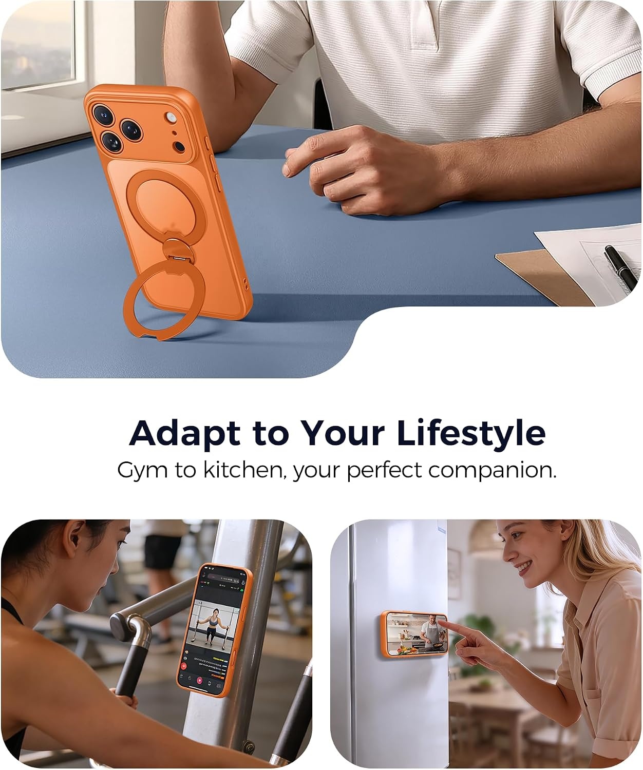 image:imageFNTCASE for iPhone 17 Case 360 Spin Magnetic Stand Compatible with Magsafe Screen Protector Translucent Matte Military Grade Shockproof Full Camera Protective Phone Cover BlackOrange