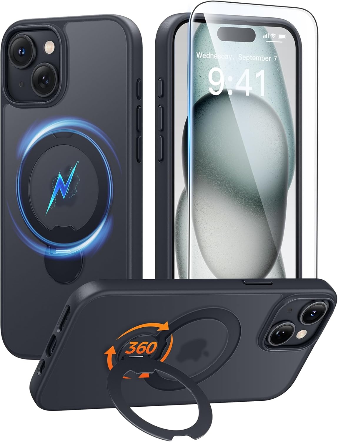 image:imageFNTCASE for iPhone 17 Case 360 Spin Magnetic Stand Compatible with Magsafe Screen Protector Translucent Matte Military Grade Shockproof Full Camera Protective Phone Cover BlackBlack