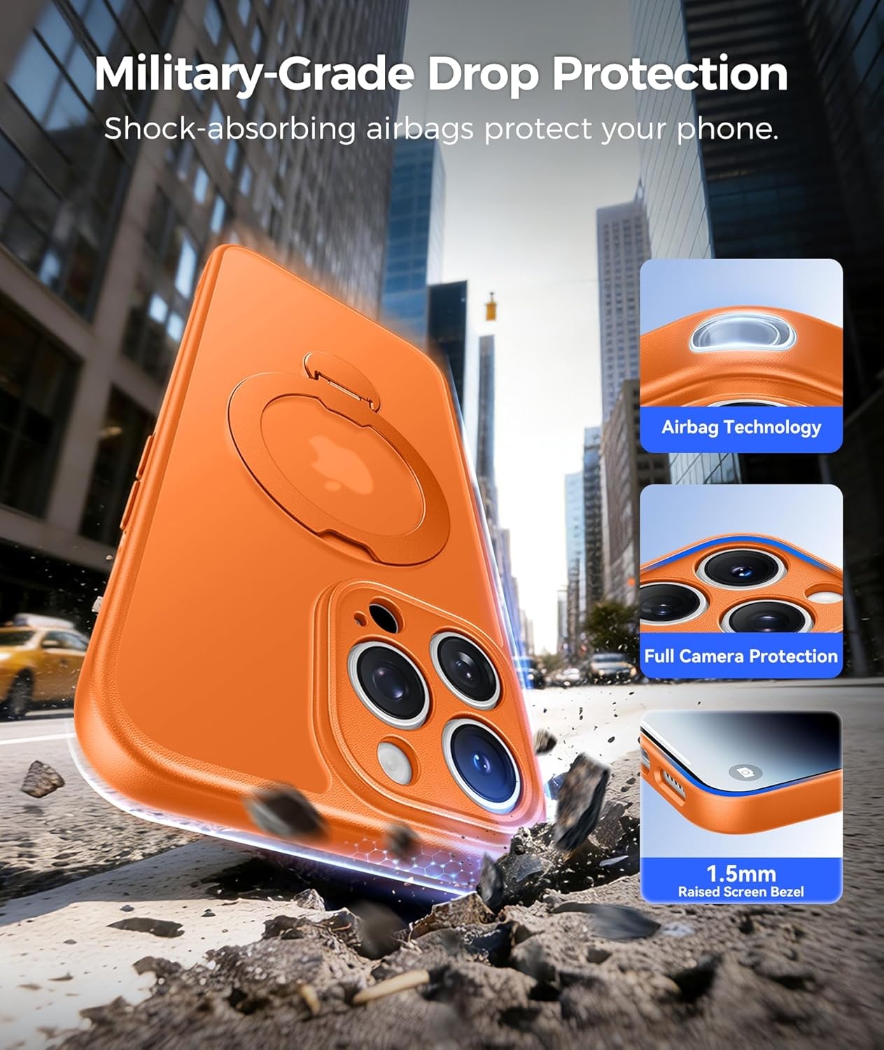 image:imageFNTCASE for iPhone 17 Case 360 Spin Magnetic Stand Compatible with Magsafe Screen Protector Translucent Matte Military Grade Shockproof Full Camera Protective Phone Cover BlackOrange