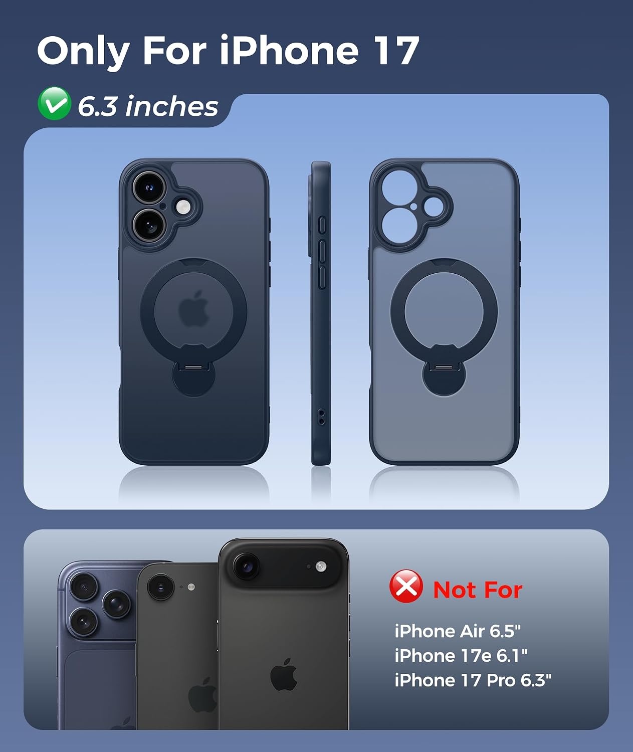 image:imageFNTCASE for iPhone 17 Case 360 Spin Magnetic Stand Compatible with Magsafe Screen Protector Translucent Matte Military Grade Shockproof Full Camera Protective Phone Cover BlackDeep Blue