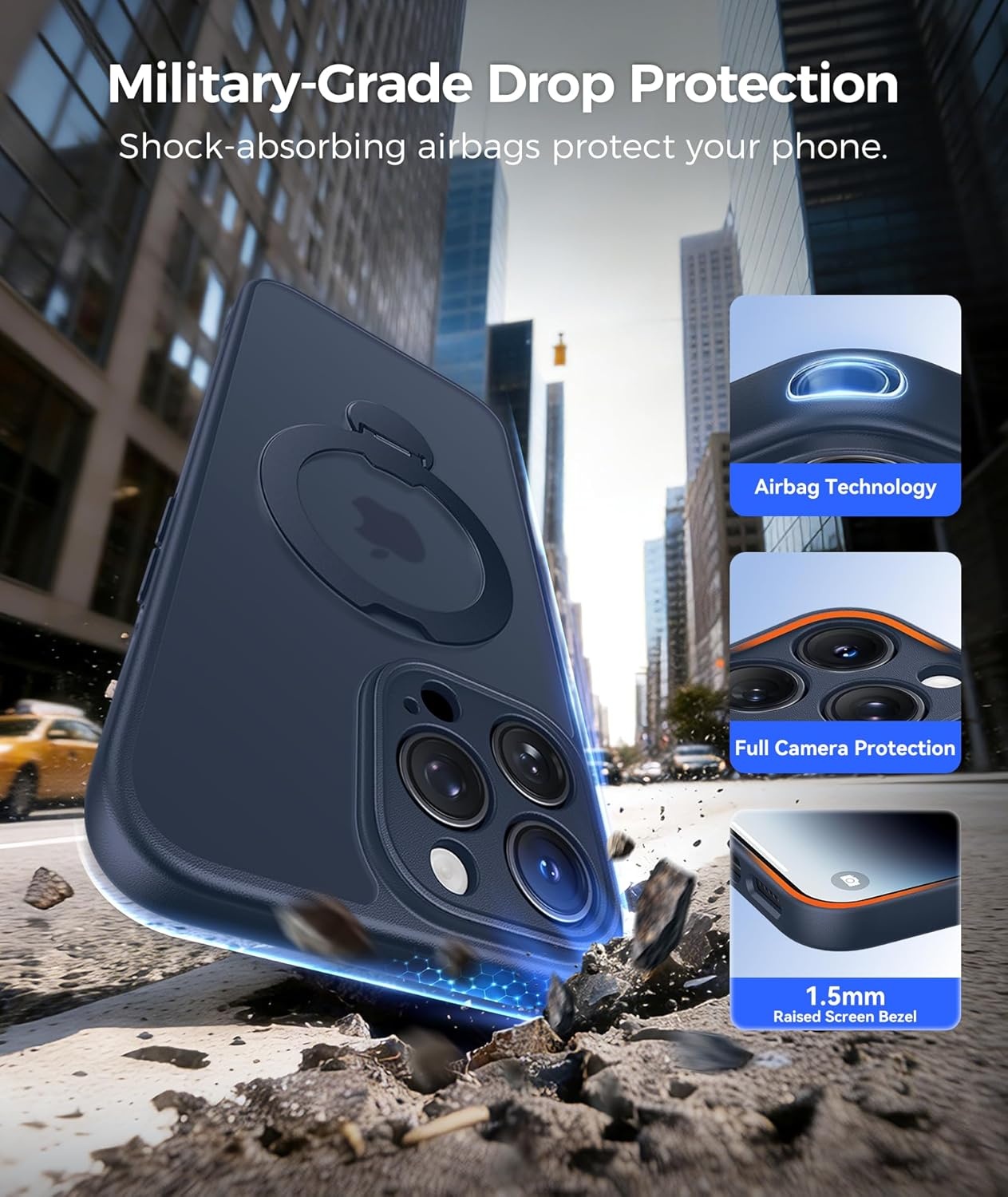 image:imageFNTCASE for iPhone 17 Case 360 Spin Magnetic Stand Compatible with Magsafe Screen Protector Translucent Matte Military Grade Shockproof Full Camera Protective Phone Cover BlackDeep Blue