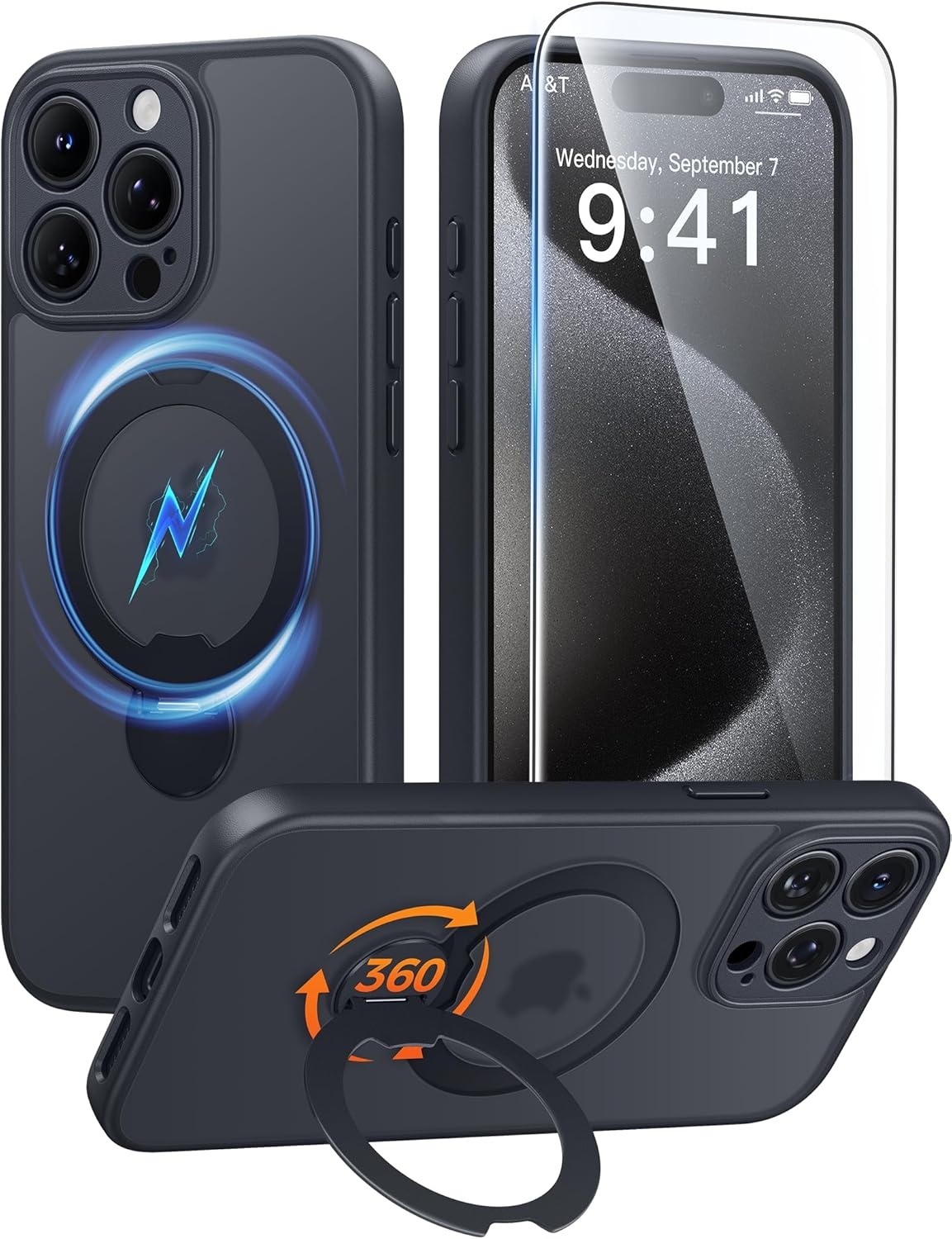 image:imageFNTCASE for iPhone 17 Case 360 Spin Magnetic Stand Compatible with Magsafe Screen Protector Translucent Matte Military Grade Shockproof Full Camera Protective Phone Cover BlackBlack