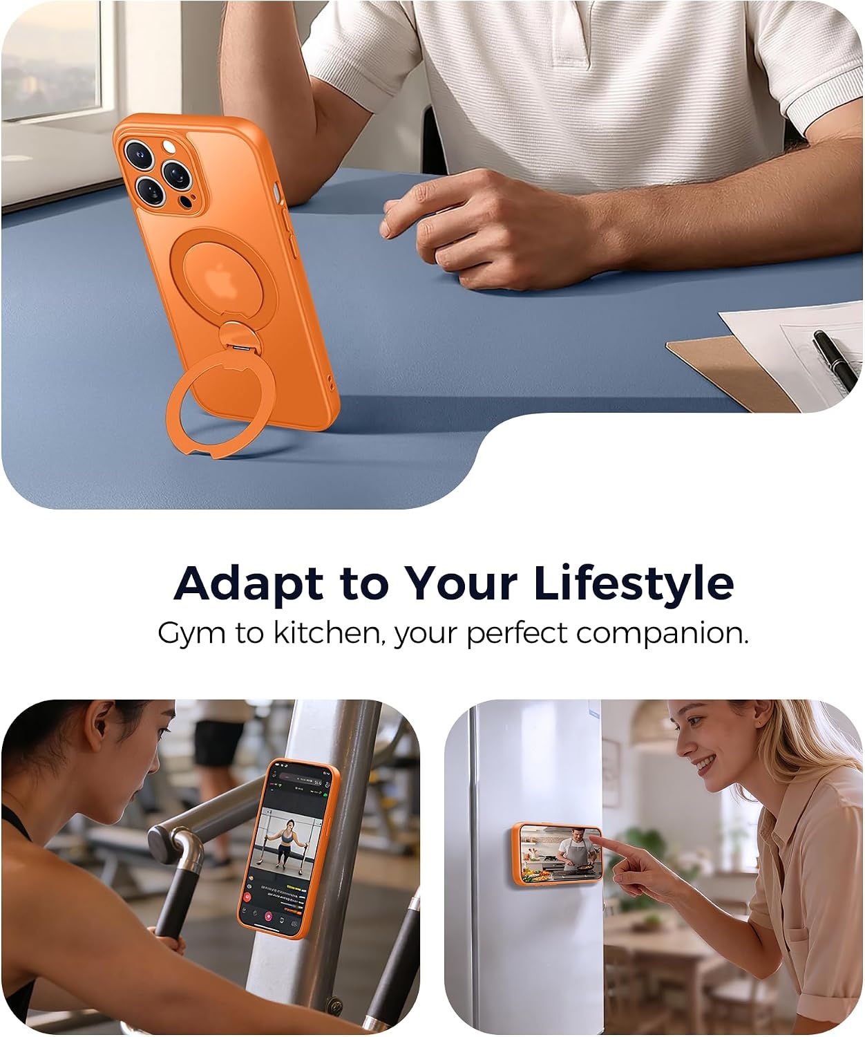 image:imageFNTCASE for iPhone 17 Case 360 Spin Magnetic Stand Compatible with Magsafe Screen Protector Translucent Matte Military Grade Shockproof Full Camera Protective Phone Cover BlackOrange