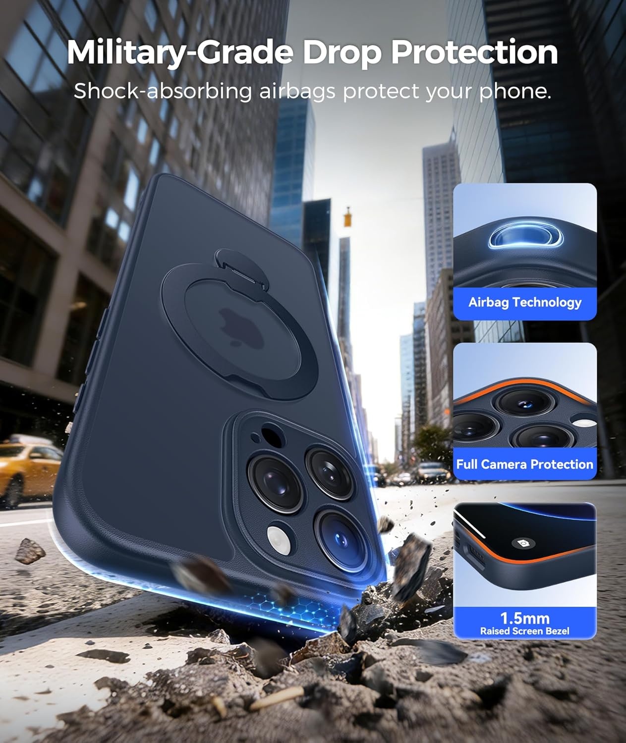 image:imageFNTCASE for iPhone 17 Case 360 Spin Magnetic Stand Compatible with Magsafe Screen Protector Translucent Matte Military Grade Shockproof Full Camera Protective Phone Cover BlackDeep Blue