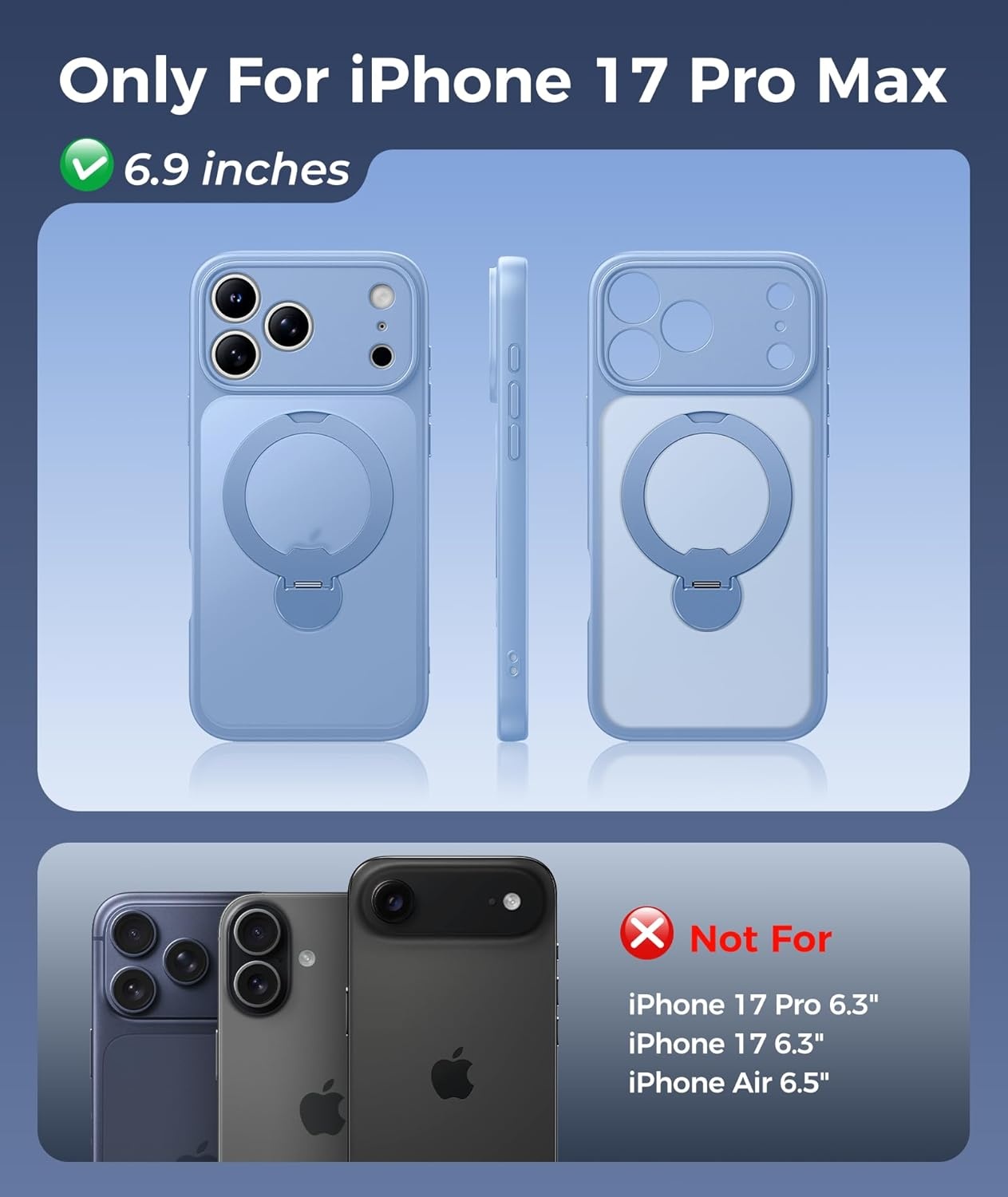 image:imageFNTCASE for iPhone 17 Case 360 Spin Magnetic Stand Compatible with Magsafe Screen Protector Translucent Matte Military Grade Shockproof Full Camera Protective Phone Cover BlackLight Blue