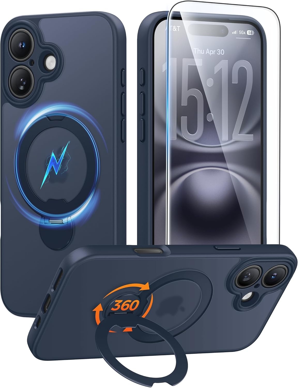 image:imageFNTCASE for iPhone 17 Case 360 Spin Magnetic Stand Compatible with Magsafe Screen Protector Translucent Matte Military Grade Shockproof Full Camera Protective Phone Cover BlackDeep Blue