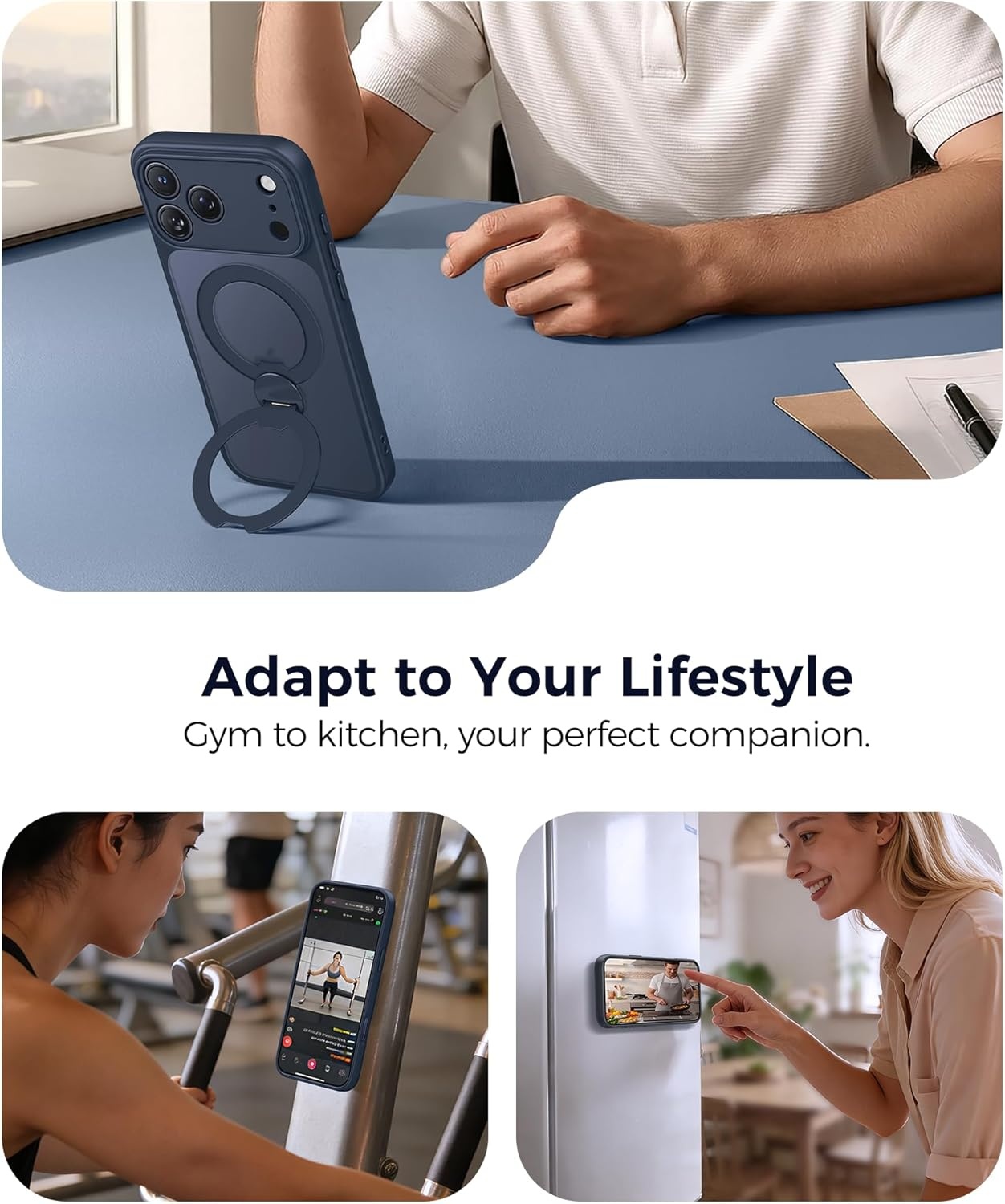 image:imageFNTCASE for iPhone 17 Case 360 Spin Magnetic Stand Compatible with Magsafe Screen Protector Translucent Matte Military Grade Shockproof Full Camera Protective Phone Cover BlackDeep Blue