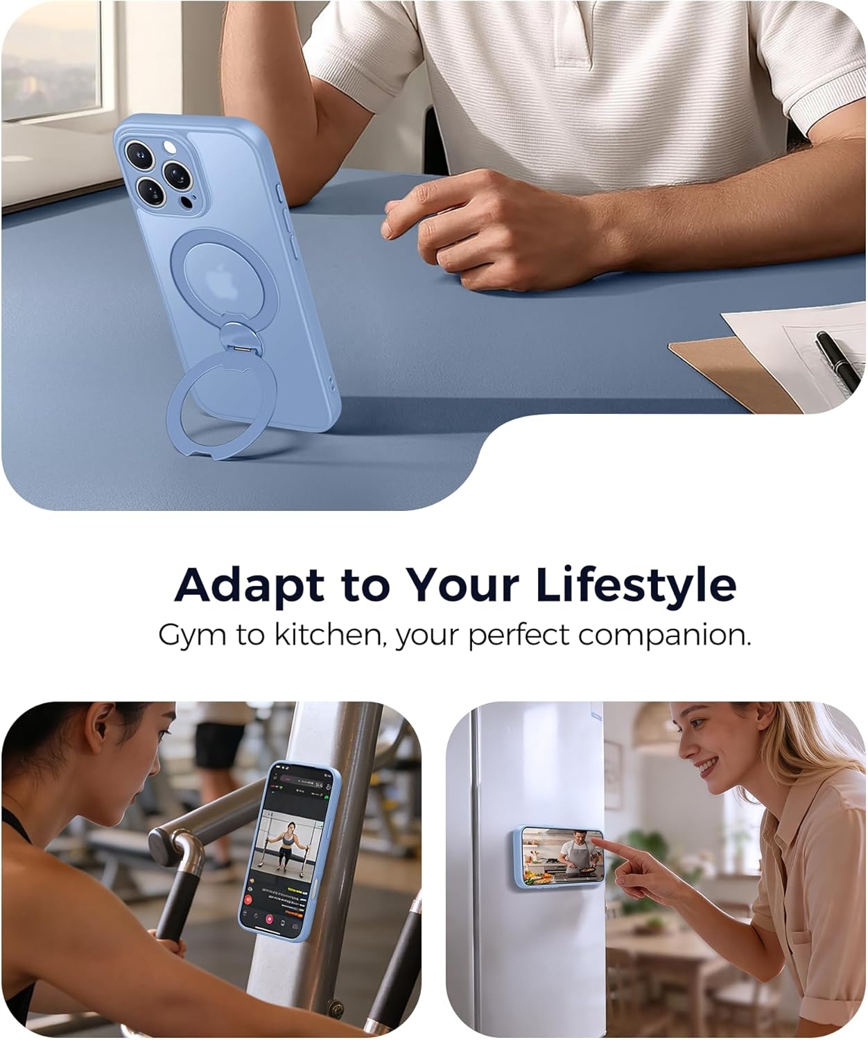image:imageFNTCASE for iPhone 17 Case 360 Spin Magnetic Stand Compatible with Magsafe Screen Protector Translucent Matte Military Grade Shockproof Full Camera Protective Phone Cover BlackLight Blue