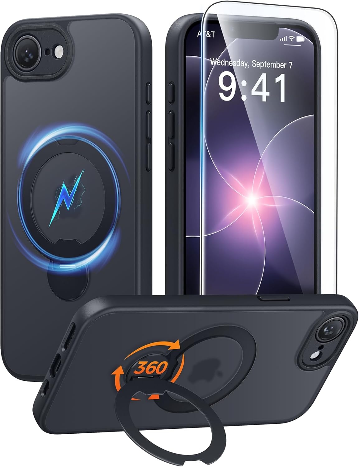 image:imageFNTCASE for iPhone 17 Case 360 Spin Magnetic Stand Compatible with Magsafe Screen Protector Translucent Matte Military Grade Shockproof Full Camera Protective Phone Cover BlackBlack