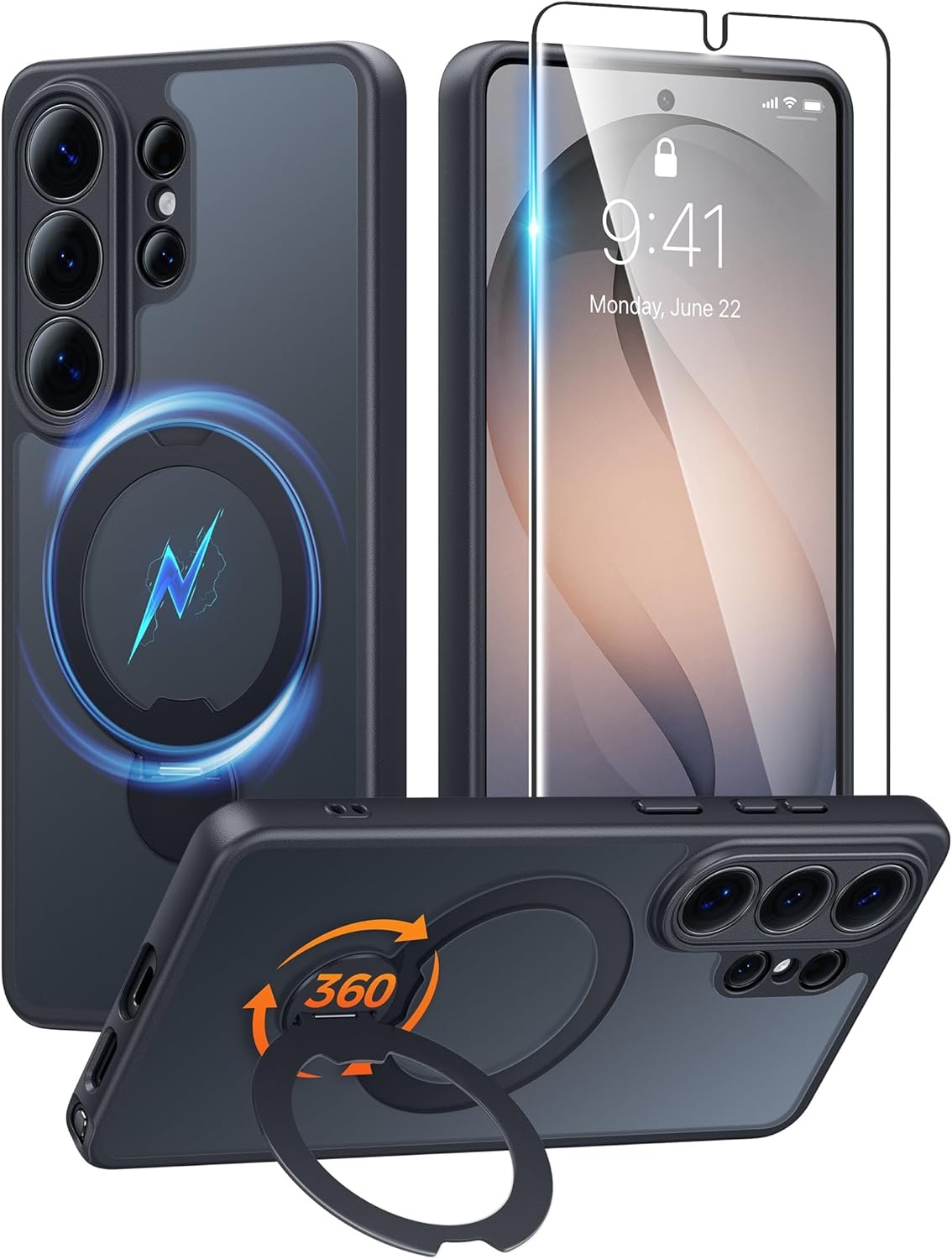 image:imageFNTCASE for iPhone 17 Case 360 Spin Magnetic Stand Compatible with Magsafe Screen Protector Translucent Matte Military Grade Shockproof Full Camera Protective Phone Cover BlackBlack