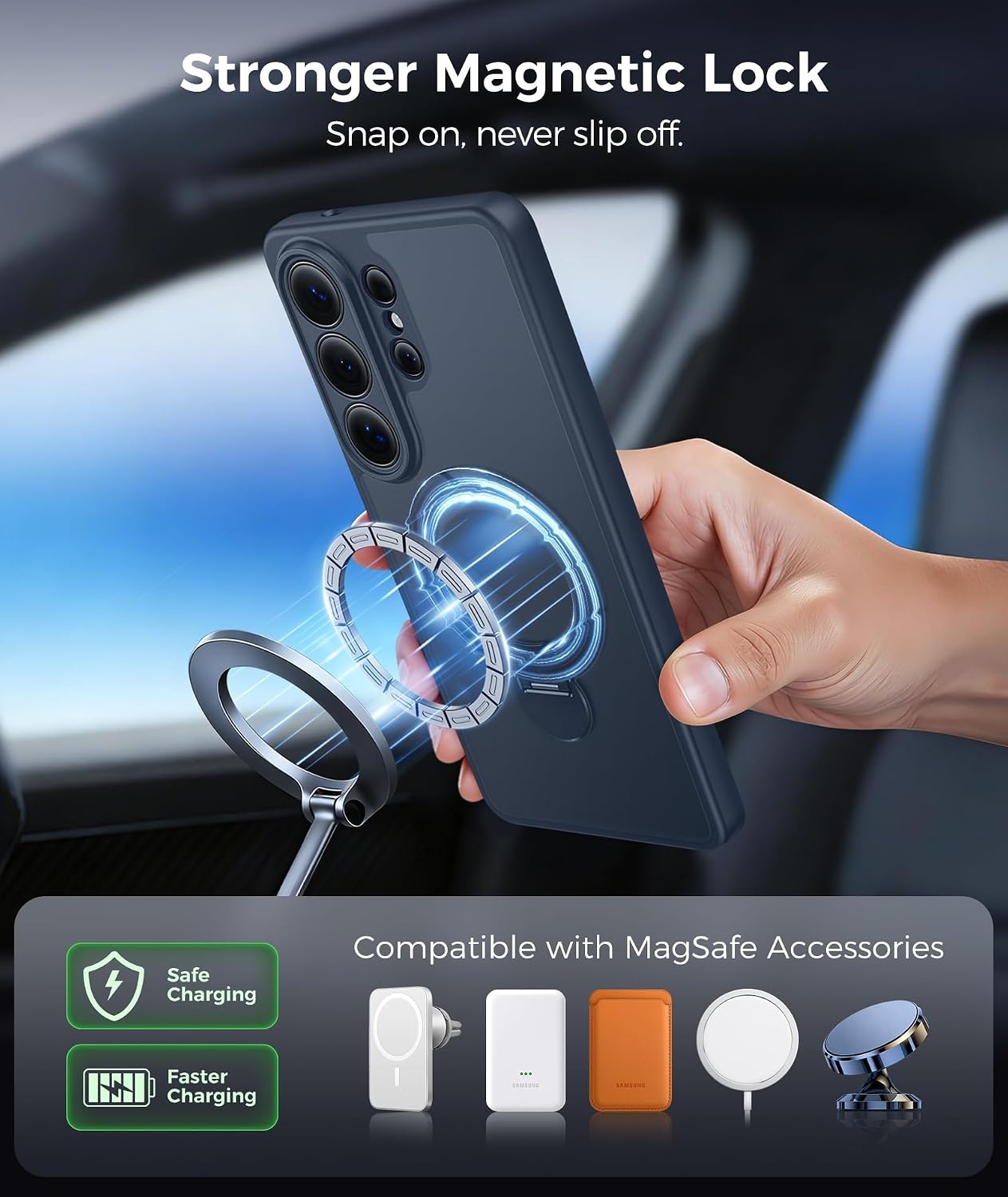 image:imageFNTCASE for iPhone 17 Case 360 Spin Magnetic Stand Compatible with Magsafe Screen Protector Translucent Matte Military Grade Shockproof Full Camera Protective Phone Cover BlackDeep Blue