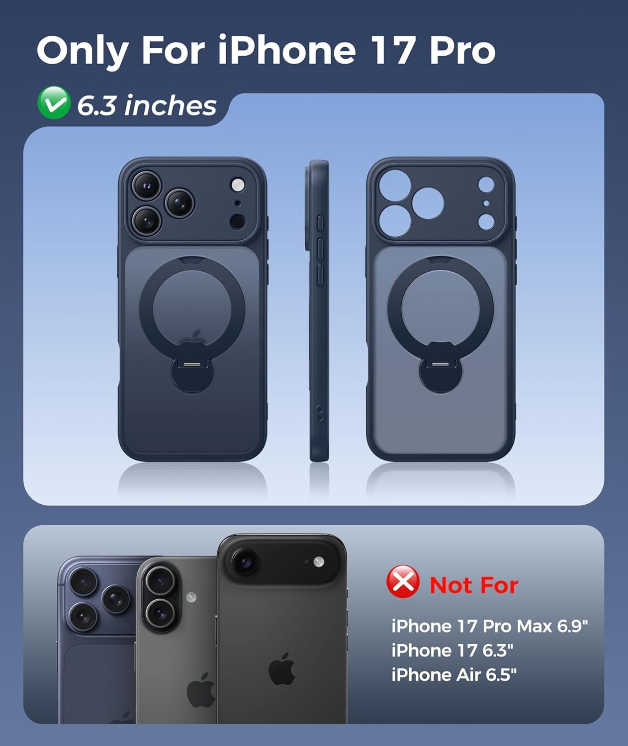 image:imageFNTCASE for iPhone 17 Case 360 Spin Magnetic Stand Compatible with Magsafe Screen Protector Translucent Matte Military Grade Shockproof Full Camera Protective Phone Cover BlackDeep Blue