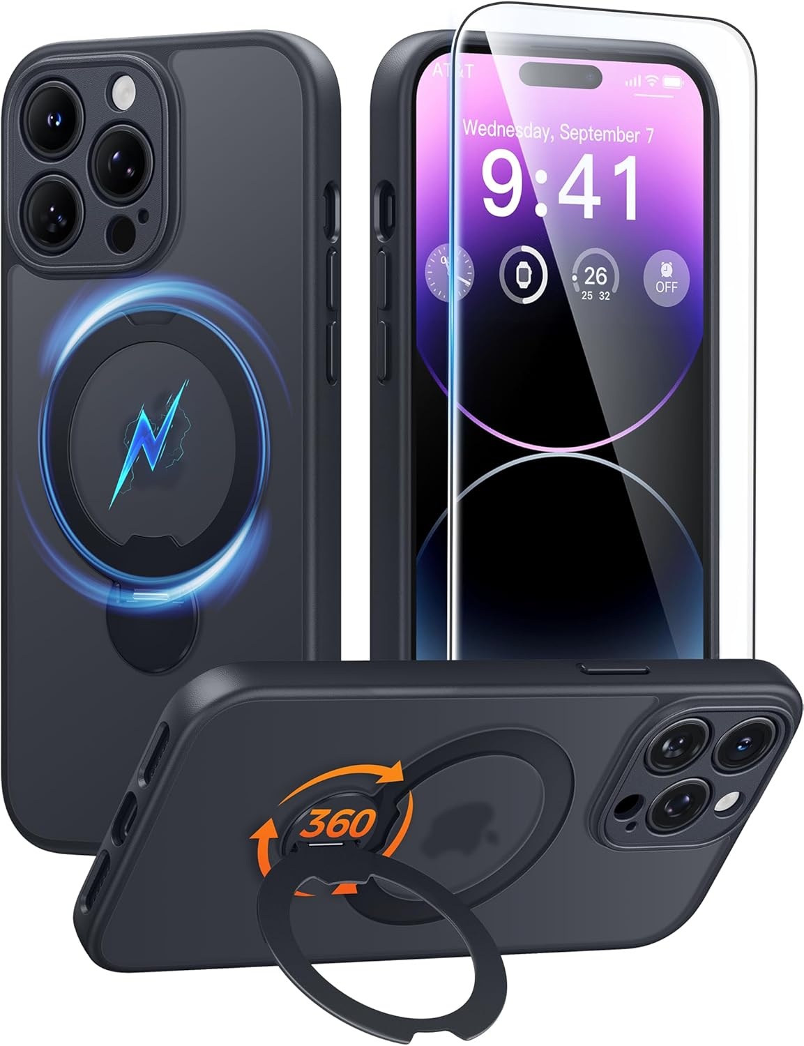 image:imageFNTCASE for iPhone 17 Case 360 Spin Magnetic Stand Compatible with Magsafe Screen Protector Translucent Matte Military Grade Shockproof Full Camera Protective Phone Cover BlackBlack
