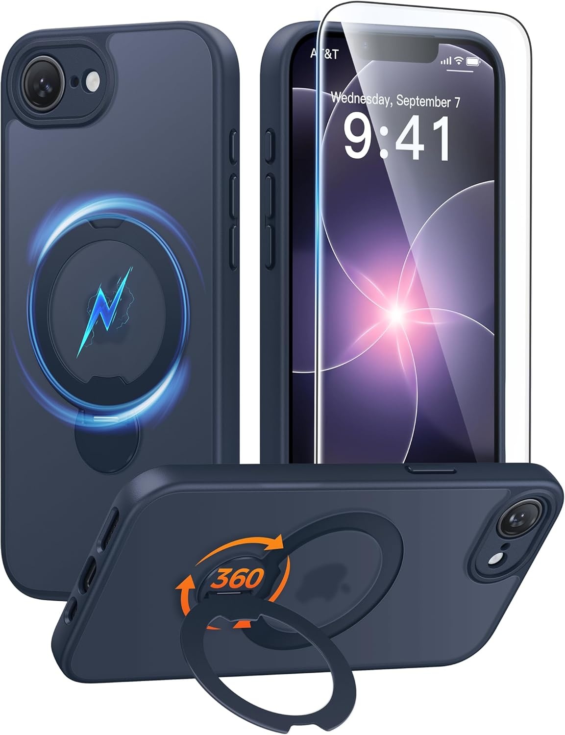 image:imageFNTCASE for iPhone 17 Case 360 Spin Magnetic Stand Compatible with Magsafe Screen Protector Translucent Matte Military Grade Shockproof Full Camera Protective Phone Cover BlackDeep Blue