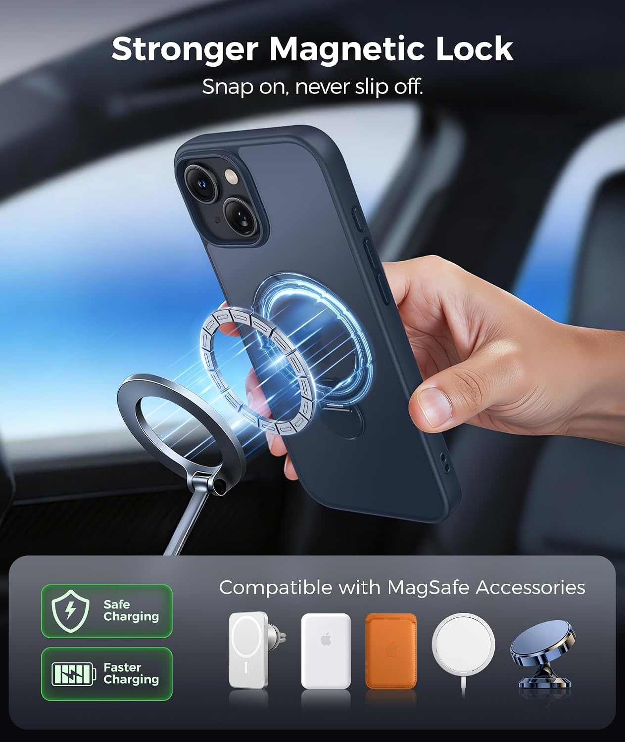 image:imageFNTCASE for iPhone 17 Case 360 Spin Magnetic Stand Compatible with Magsafe Screen Protector Translucent Matte Military Grade Shockproof Full Camera Protective Phone Cover BlackDeep Blue