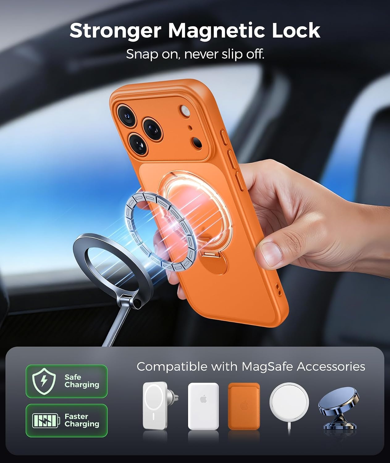 image:imageFNTCASE for iPhone 17 Case 360 Spin Magnetic Stand Compatible with Magsafe Screen Protector Translucent Matte Military Grade Shockproof Full Camera Protective Phone Cover BlackOrange
