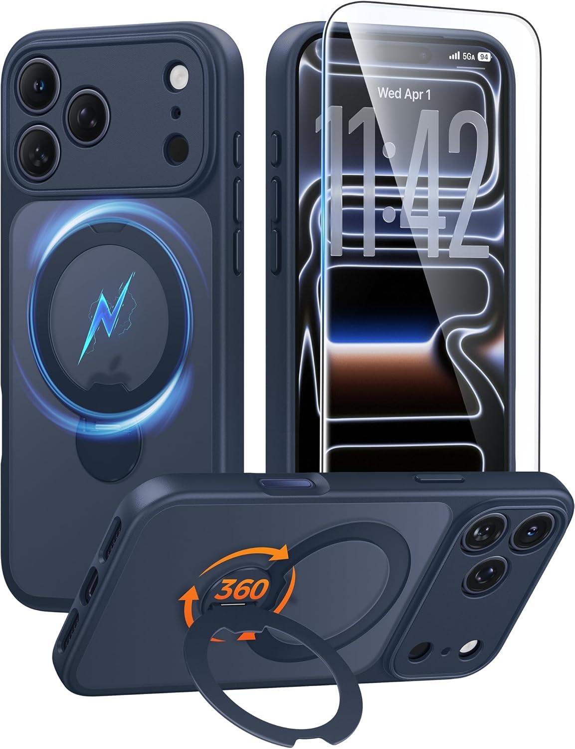 image:imageFNTCASE for iPhone 17 Case 360 Spin Magnetic Stand Compatible with Magsafe Screen Protector Translucent Matte Military Grade Shockproof Full Camera Protective Phone Cover BlackDeep Blue