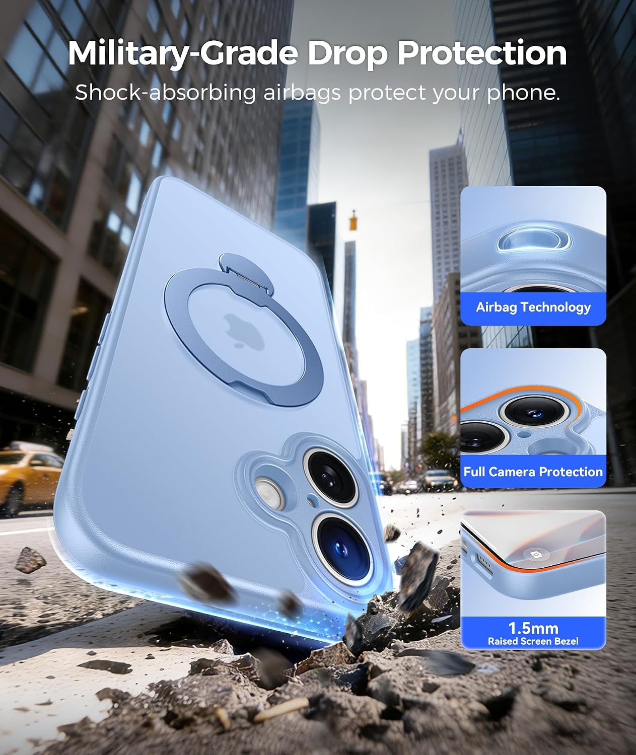 image:imageFNTCASE for iPhone 17 Case 360 Spin Magnetic Stand Compatible with Magsafe Screen Protector Translucent Matte Military Grade Shockproof Full Camera Protective Phone Cover BlackLight Blue