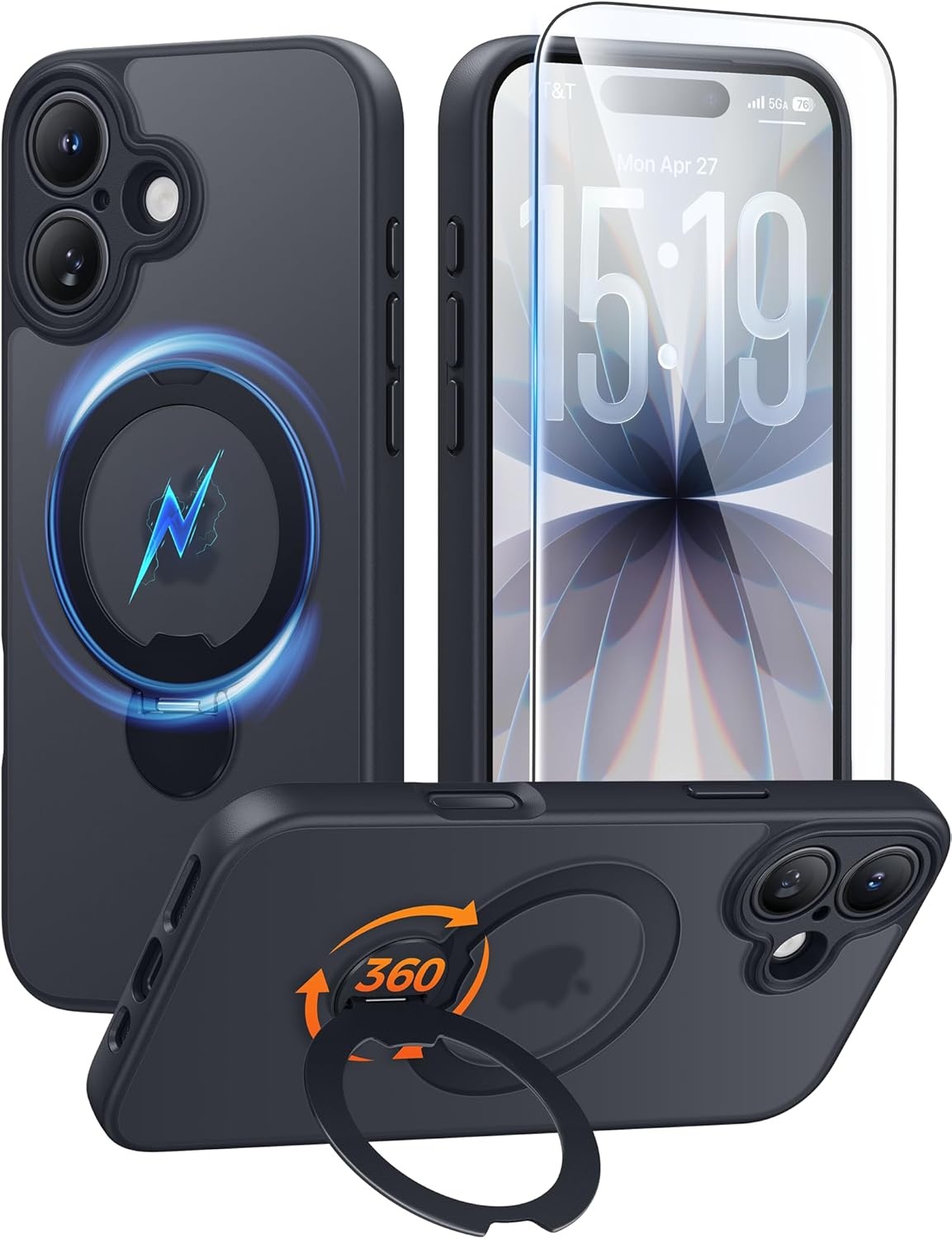 image:imageFNTCASE for iPhone 17 Case 360 Spin Magnetic Stand Compatible with Magsafe Screen Protector Translucent Matte Military Grade Shockproof Full Camera Protective Phone Cover BlackBlack