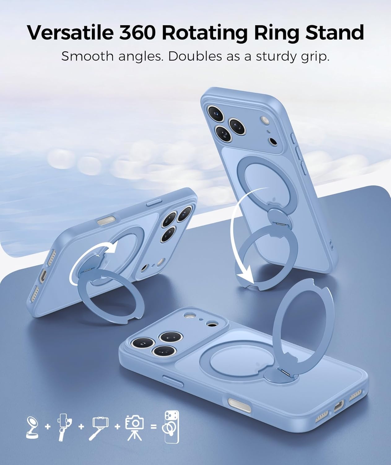 image:imageFNTCASE for iPhone 17 Case 360 Spin Magnetic Stand Compatible with Magsafe Screen Protector Translucent Matte Military Grade Shockproof Full Camera Protective Phone Cover BlackLight Blue