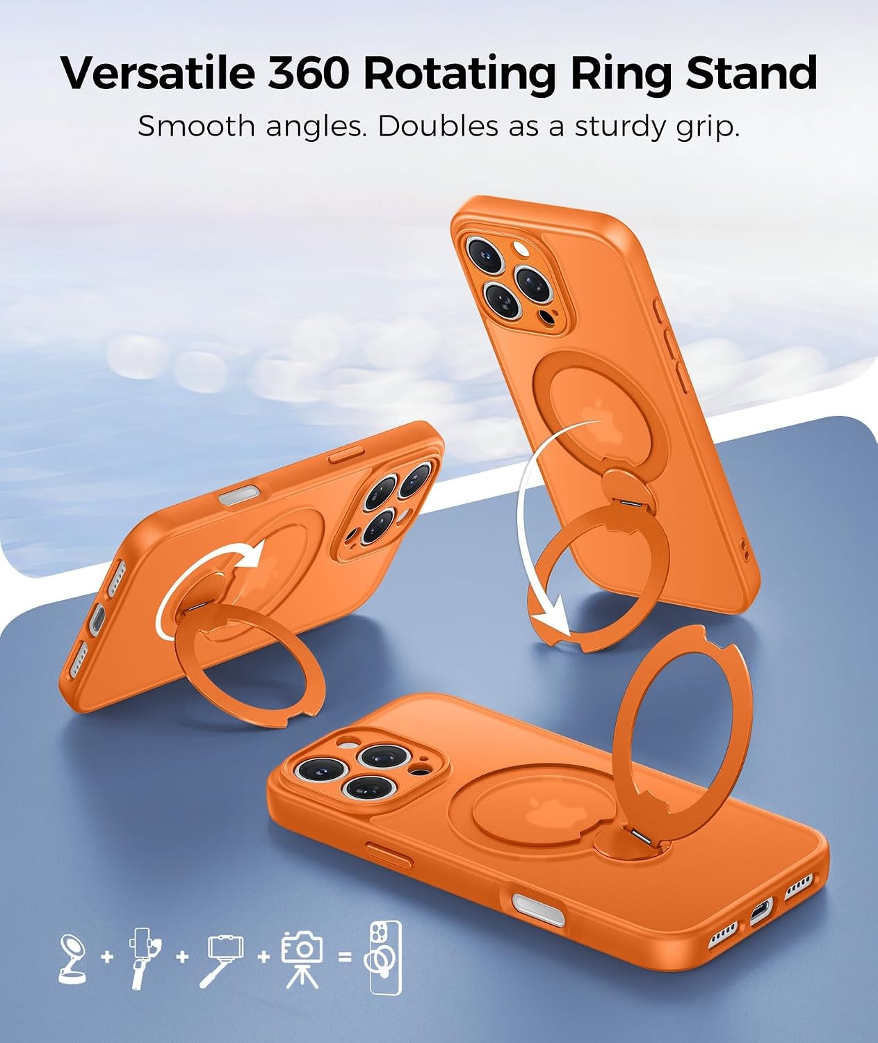 image:imageFNTCASE for iPhone 17 Case 360 Spin Magnetic Stand Compatible with Magsafe Screen Protector Translucent Matte Military Grade Shockproof Full Camera Protective Phone Cover BlackOrange