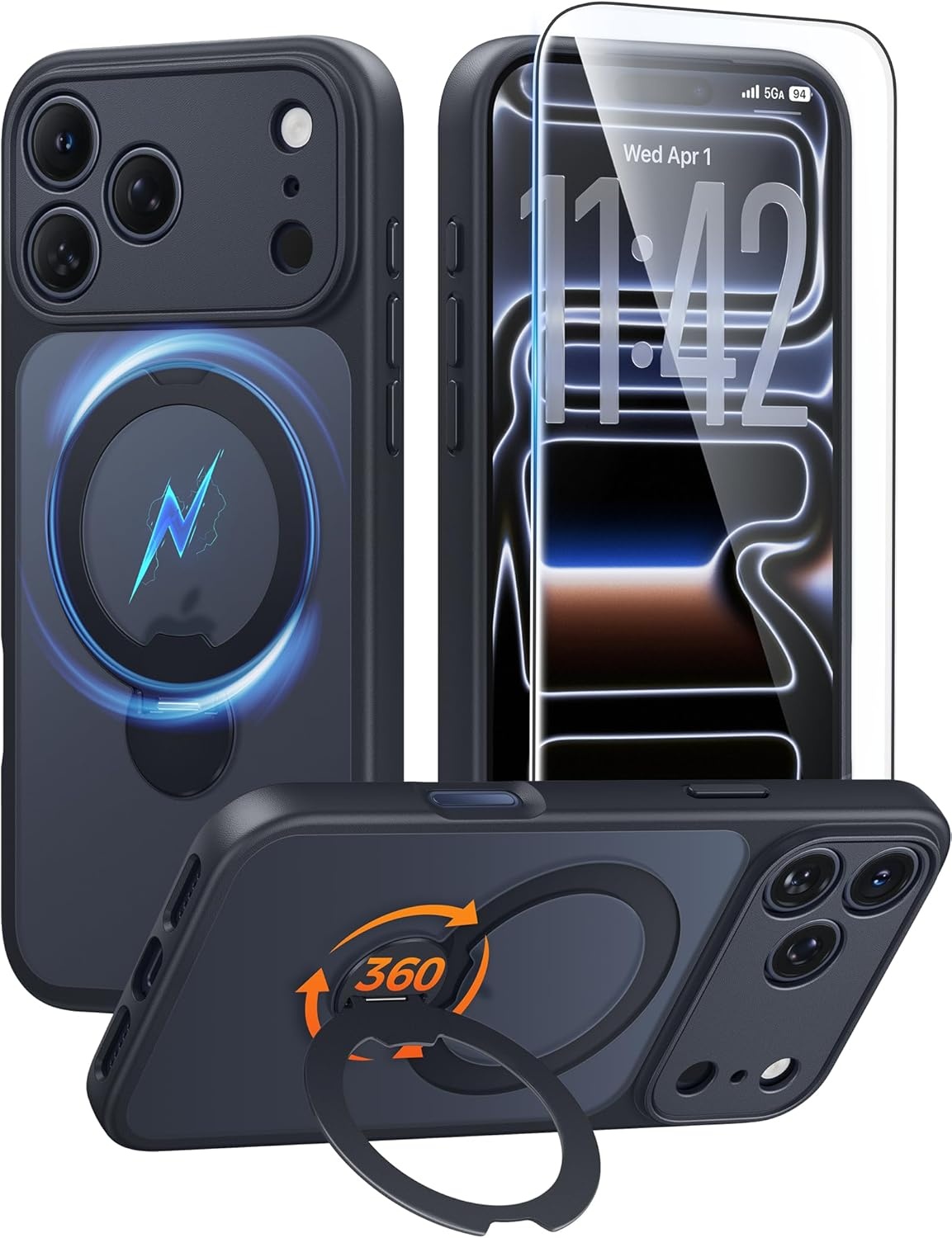 image:imageFNTCASE for iPhone 17 Case 360 Spin Magnetic Stand Compatible with Magsafe Screen Protector Translucent Matte Military Grade Shockproof Full Camera Protective Phone Cover BlackBlack