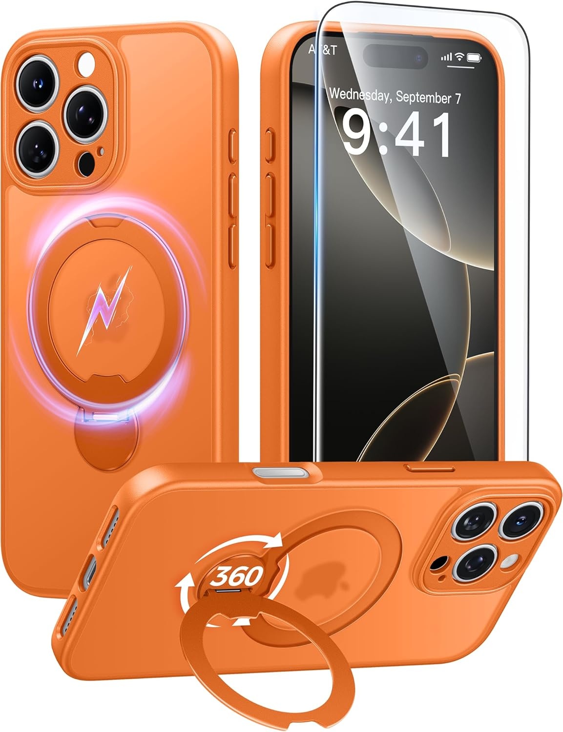 image:imageFNTCASE for iPhone 17 Case 360 Spin Magnetic Stand Compatible with Magsafe Screen Protector Translucent Matte Military Grade Shockproof Full Camera Protective Phone Cover BlackOrange
