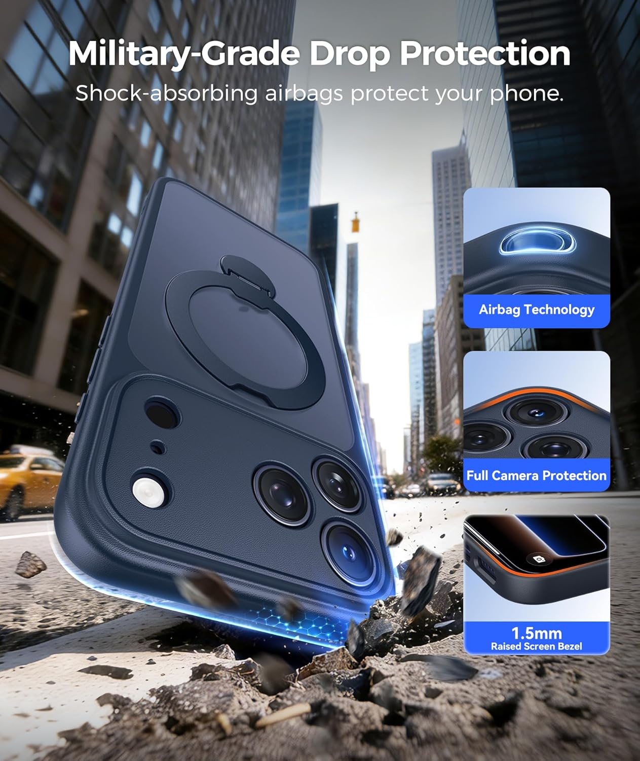 image:imageFNTCASE for iPhone 17 Case 360 Spin Magnetic Stand Compatible with Magsafe Screen Protector Translucent Matte Military Grade Shockproof Full Camera Protective Phone Cover BlackDeep Blue