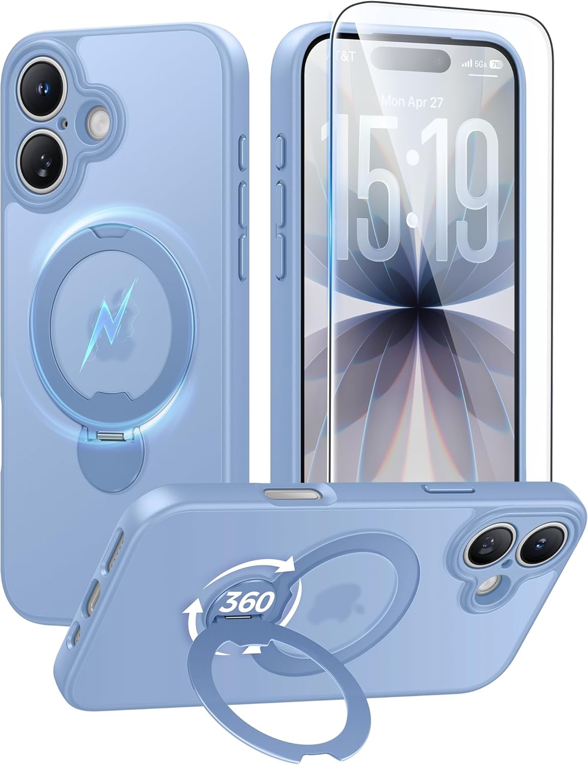 image:imageFNTCASE for iPhone 17 Case 360 Spin Magnetic Stand Compatible with Magsafe Screen Protector Translucent Matte Military Grade Shockproof Full Camera Protective Phone Cover BlackLight Blue