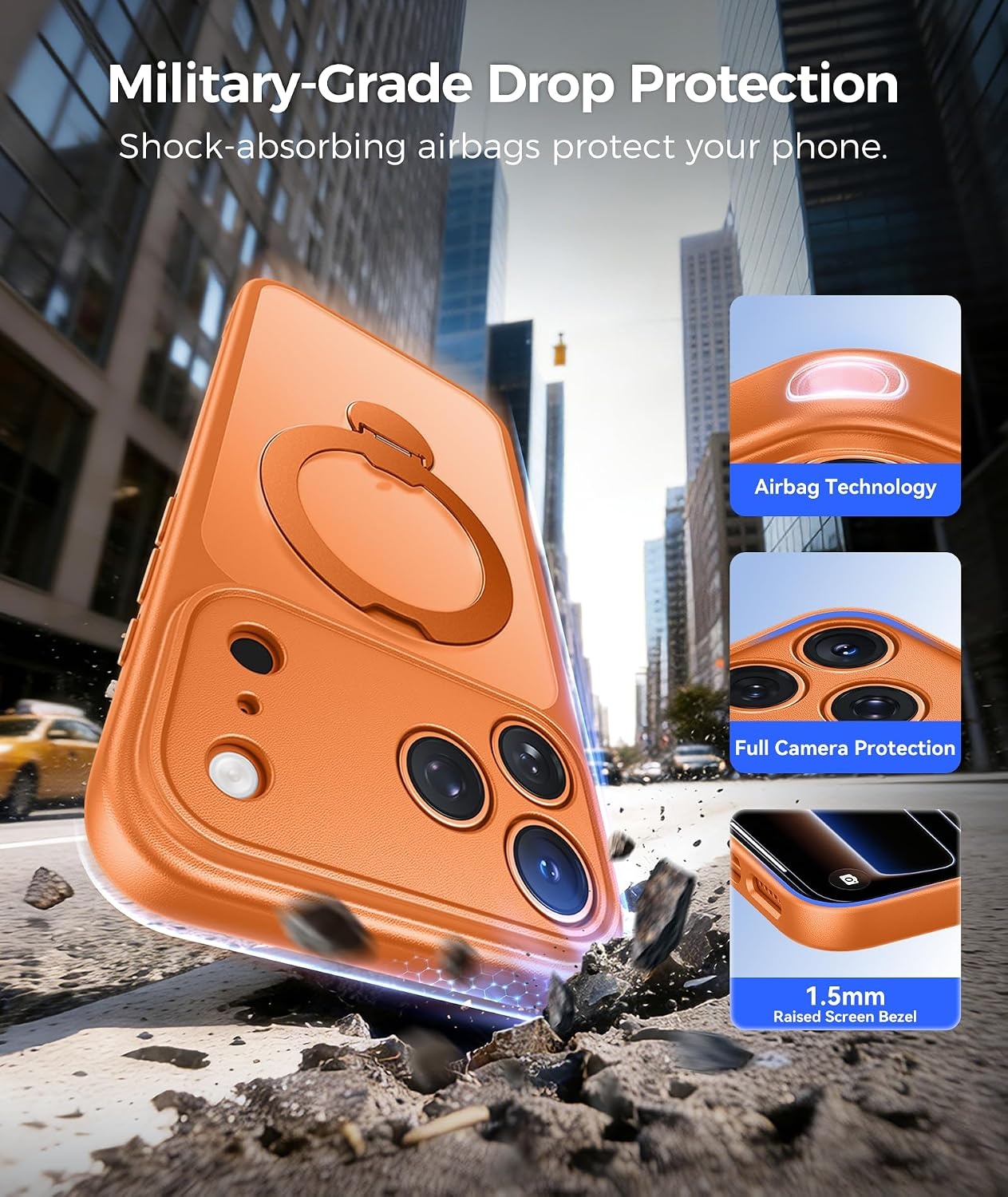 image:imageFNTCASE for iPhone 17 Case 360 Spin Magnetic Stand Compatible with Magsafe Screen Protector Translucent Matte Military Grade Shockproof Full Camera Protective Phone Cover BlackOrange