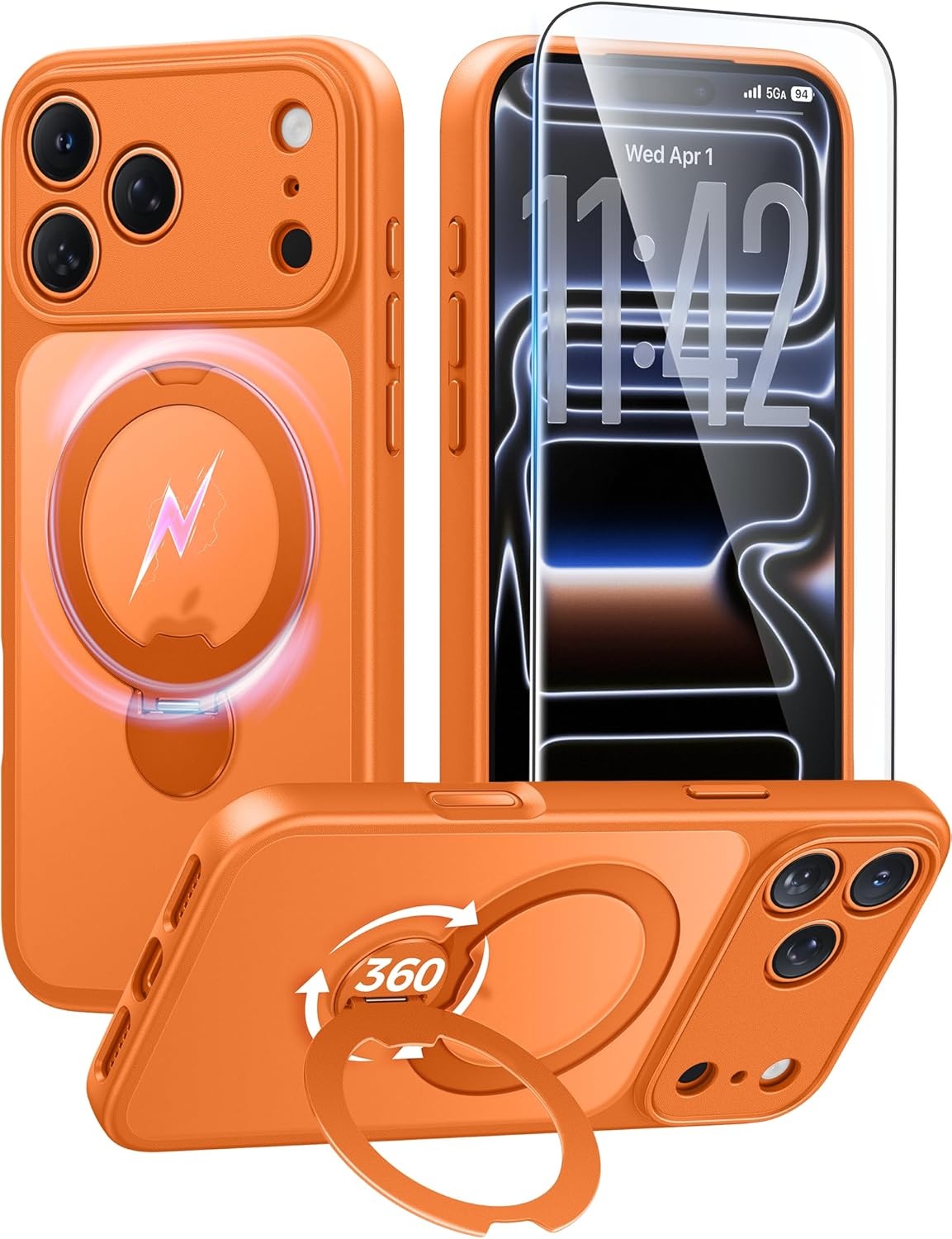 image:imageFNTCASE for iPhone 17 Case 360 Spin Magnetic Stand Compatible with Magsafe Screen Protector Translucent Matte Military Grade Shockproof Full Camera Protective Phone Cover BlackOrange