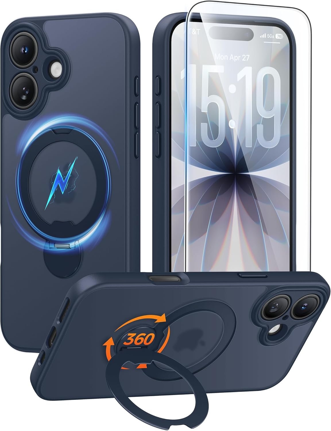 image:imageFNTCASE for iPhone 17 Case 360 Spin Magnetic Stand Compatible with Magsafe Screen Protector Translucent Matte Military Grade Shockproof Full Camera Protective Phone Cover BlackDeep Blue