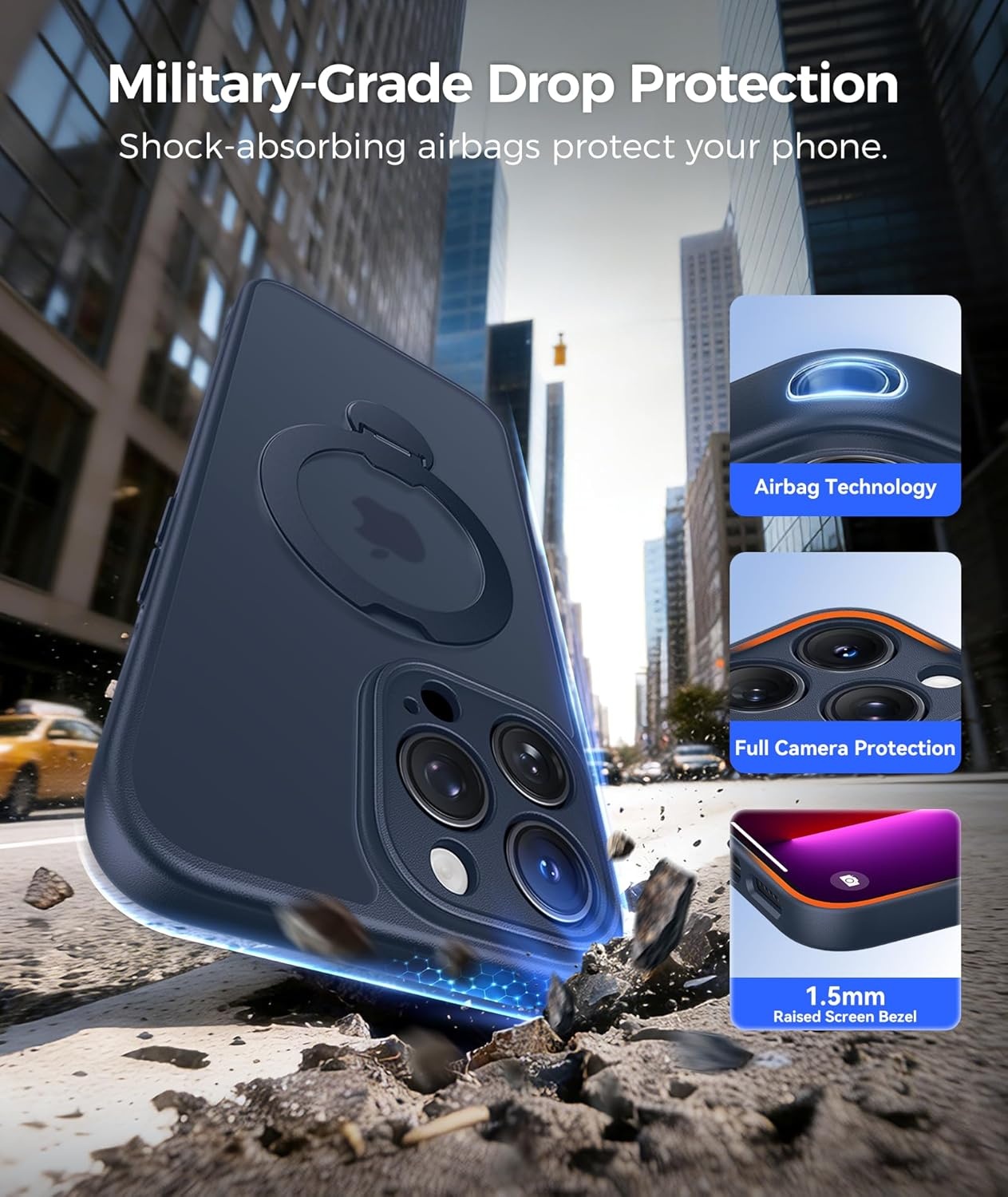 image:imageFNTCASE for iPhone 17 Case 360 Spin Magnetic Stand Compatible with Magsafe Screen Protector Translucent Matte Military Grade Shockproof Full Camera Protective Phone Cover BlackDeep Blue