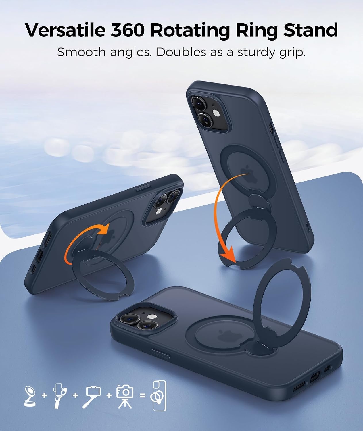 image:imageFNTCASE for iPhone 17 Case 360 Spin Magnetic Stand Compatible with Magsafe Screen Protector Translucent Matte Military Grade Shockproof Full Camera Protective Phone Cover BlackDeep Blue