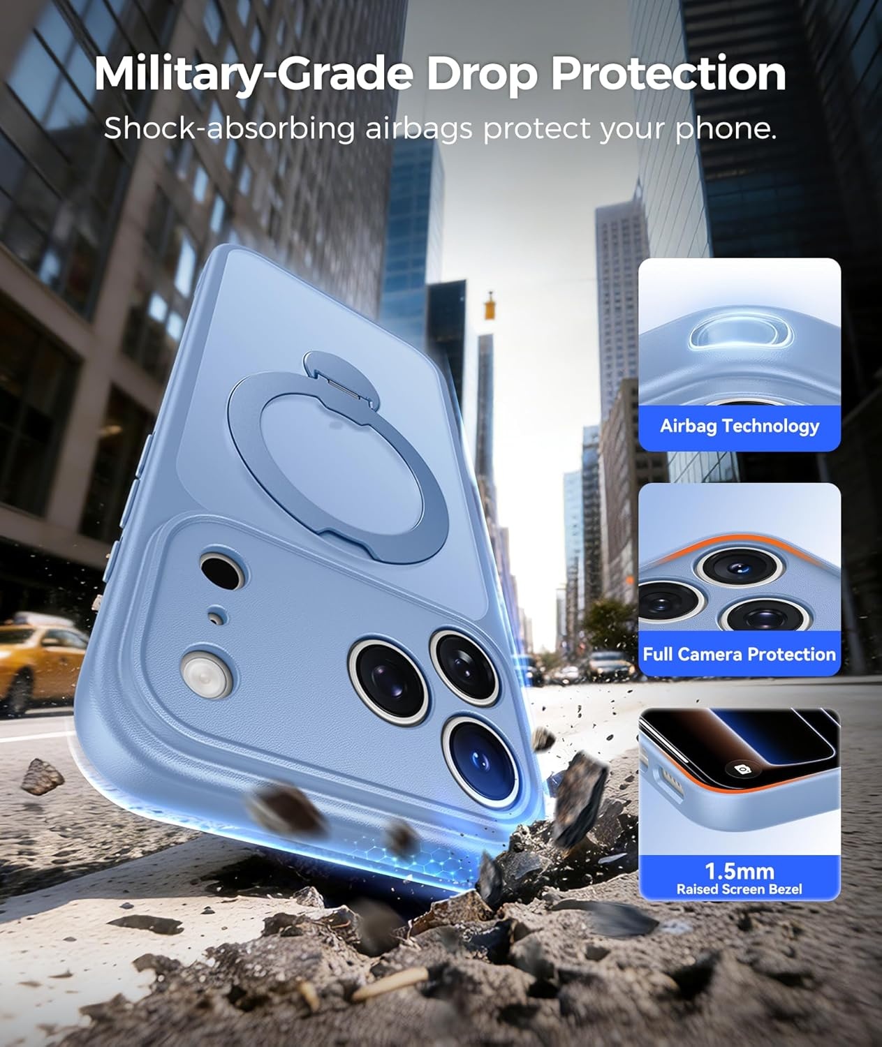 image:imageFNTCASE for iPhone 17 Case 360 Spin Magnetic Stand Compatible with Magsafe Screen Protector Translucent Matte Military Grade Shockproof Full Camera Protective Phone Cover BlackLight Blue