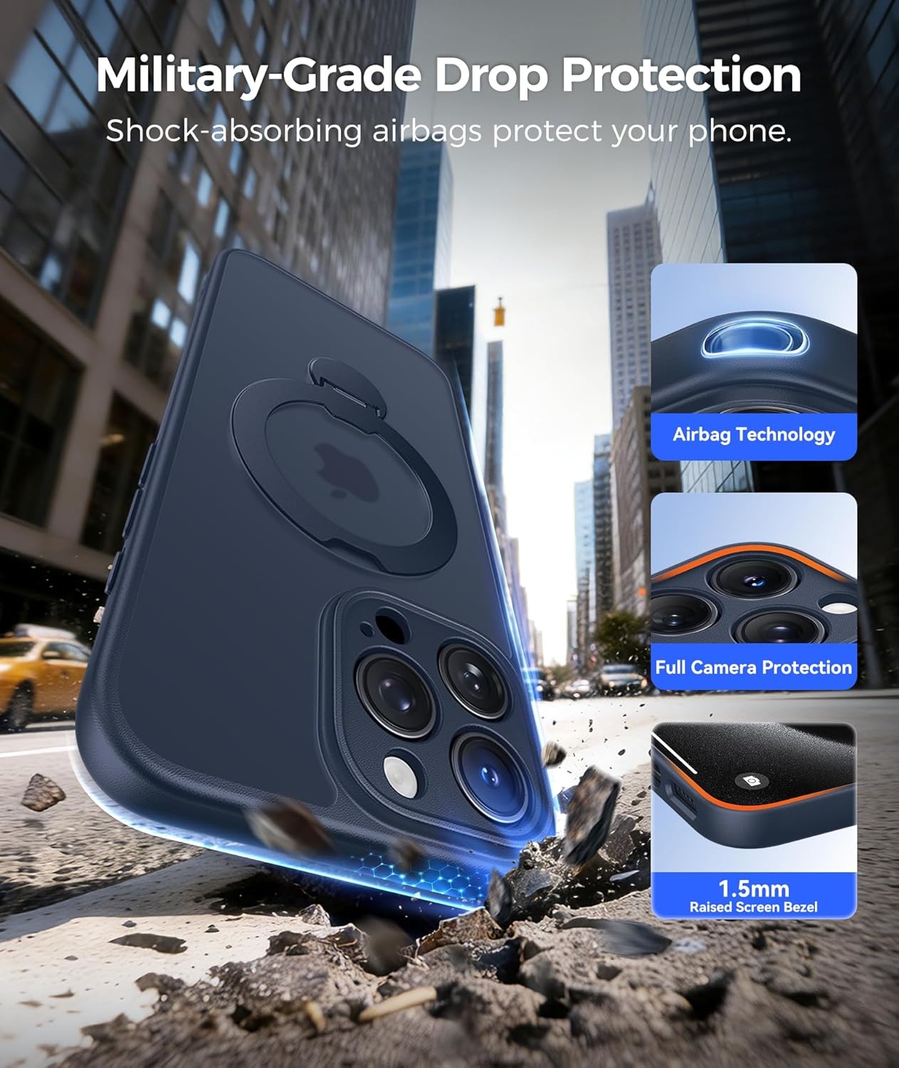 image:imageFNTCASE for iPhone 17 Case 360 Spin Magnetic Stand Compatible with Magsafe Screen Protector Translucent Matte Military Grade Shockproof Full Camera Protective Phone Cover BlackDeep Blue