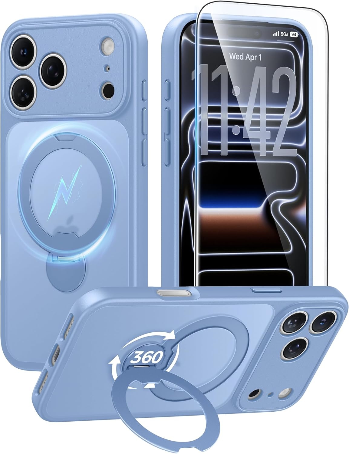 image:imageFNTCASE for iPhone 17 Case 360 Spin Magnetic Stand Compatible with Magsafe Screen Protector Translucent Matte Military Grade Shockproof Full Camera Protective Phone Cover BlackLight Blue