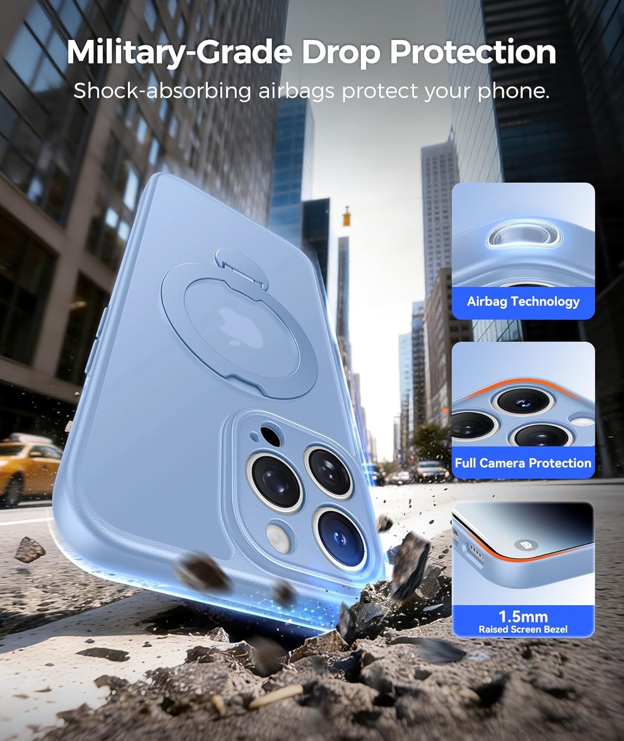 image:imageFNTCASE for iPhone 17 Case 360 Spin Magnetic Stand Compatible with Magsafe Screen Protector Translucent Matte Military Grade Shockproof Full Camera Protective Phone Cover BlackLight Blue