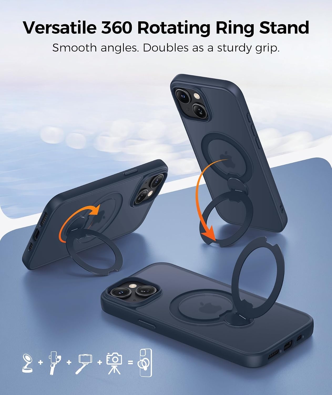 image:imageFNTCASE for iPhone 17 Case 360 Spin Magnetic Stand Compatible with Magsafe Screen Protector Translucent Matte Military Grade Shockproof Full Camera Protective Phone Cover BlackDeep Blue